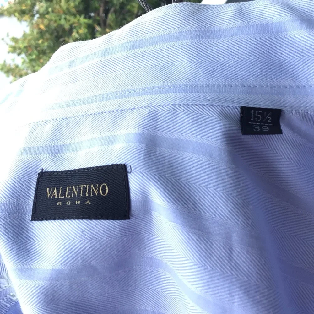 Valentino Baby Blue Herringbone/Striped 100% Cotton Long Sleeved Button Shirt - Picture 6 of 10
